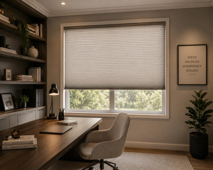 Textured honeycomb blinds in warm light