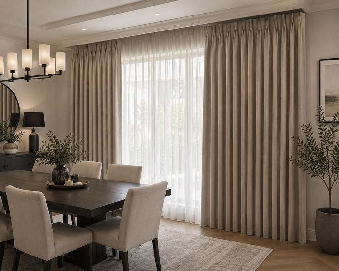Pinch pleat curtains in dining room