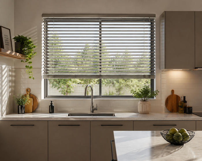 Sunlight streaming through venetian blinds