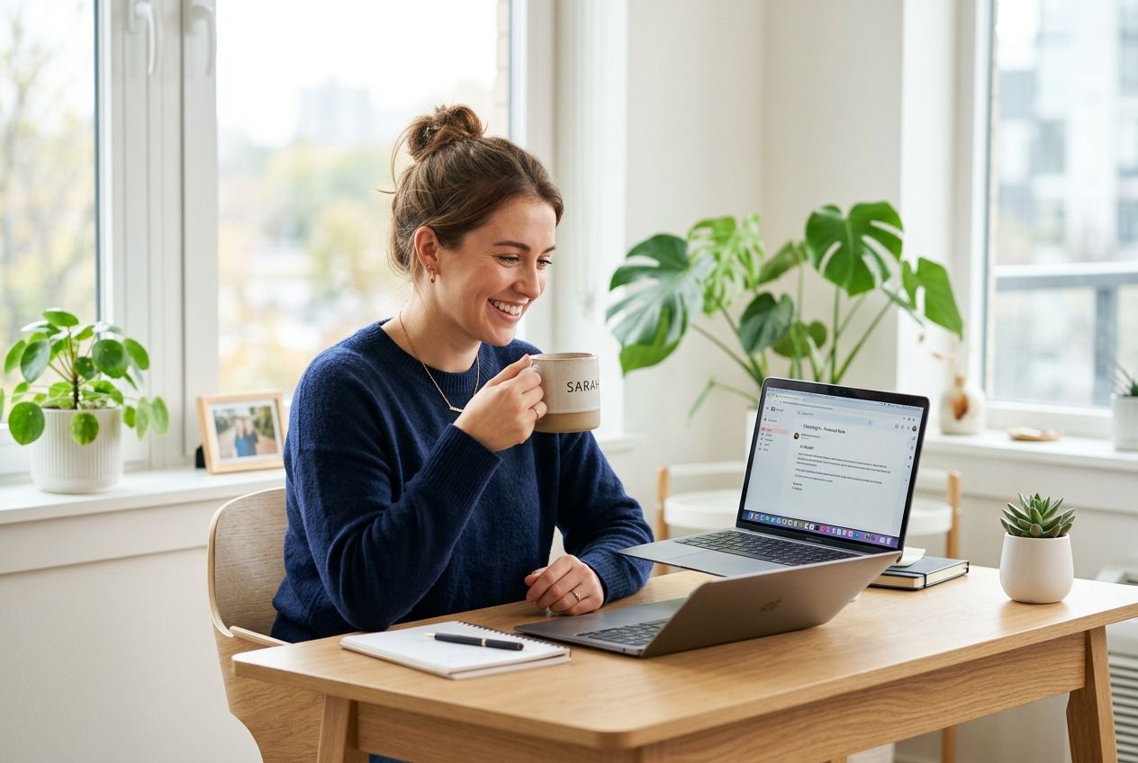 Một người dùng đang thư giãn và mỉm cười khi đọc một email được cá nhân hóa trên laptop.