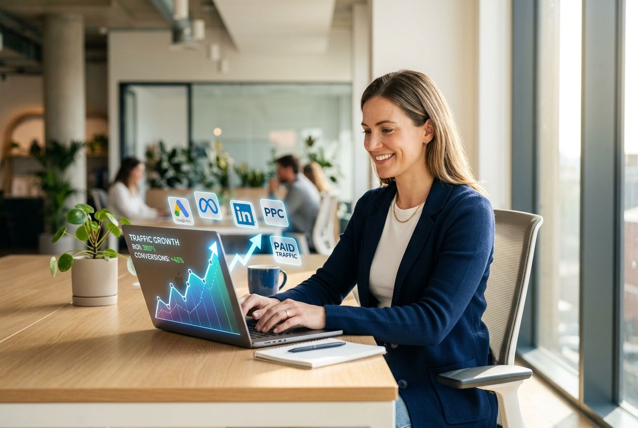 Một người làm marketing đang thao tác thiết lập chiến dịch quảng cáo trực tuyến.