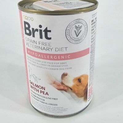 BRIT VETERINARY PERRO LATA DIET HYPOALLERGENIC SALMON Y ARVEJA 400 GR