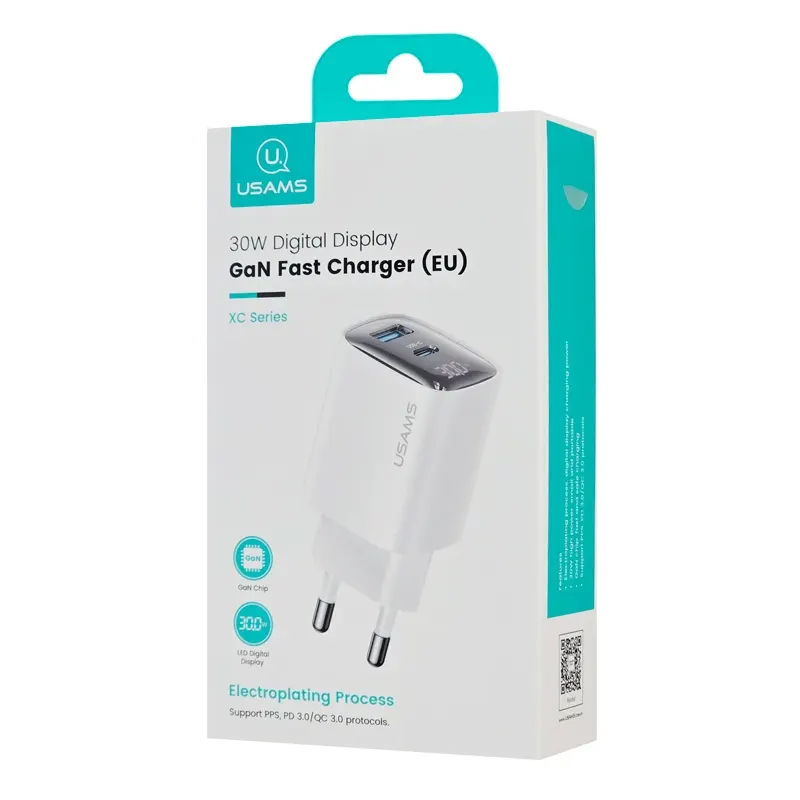 Φορτιστής Τοίχου Λευκός 30W USB-C & USB-A GaN Τεχνολογία USAMS US-CC229 Φορτιστής Τοίχου Λευκός 30W USB-C & USB-A GaN Τεχνολογία USAMS US-CC229