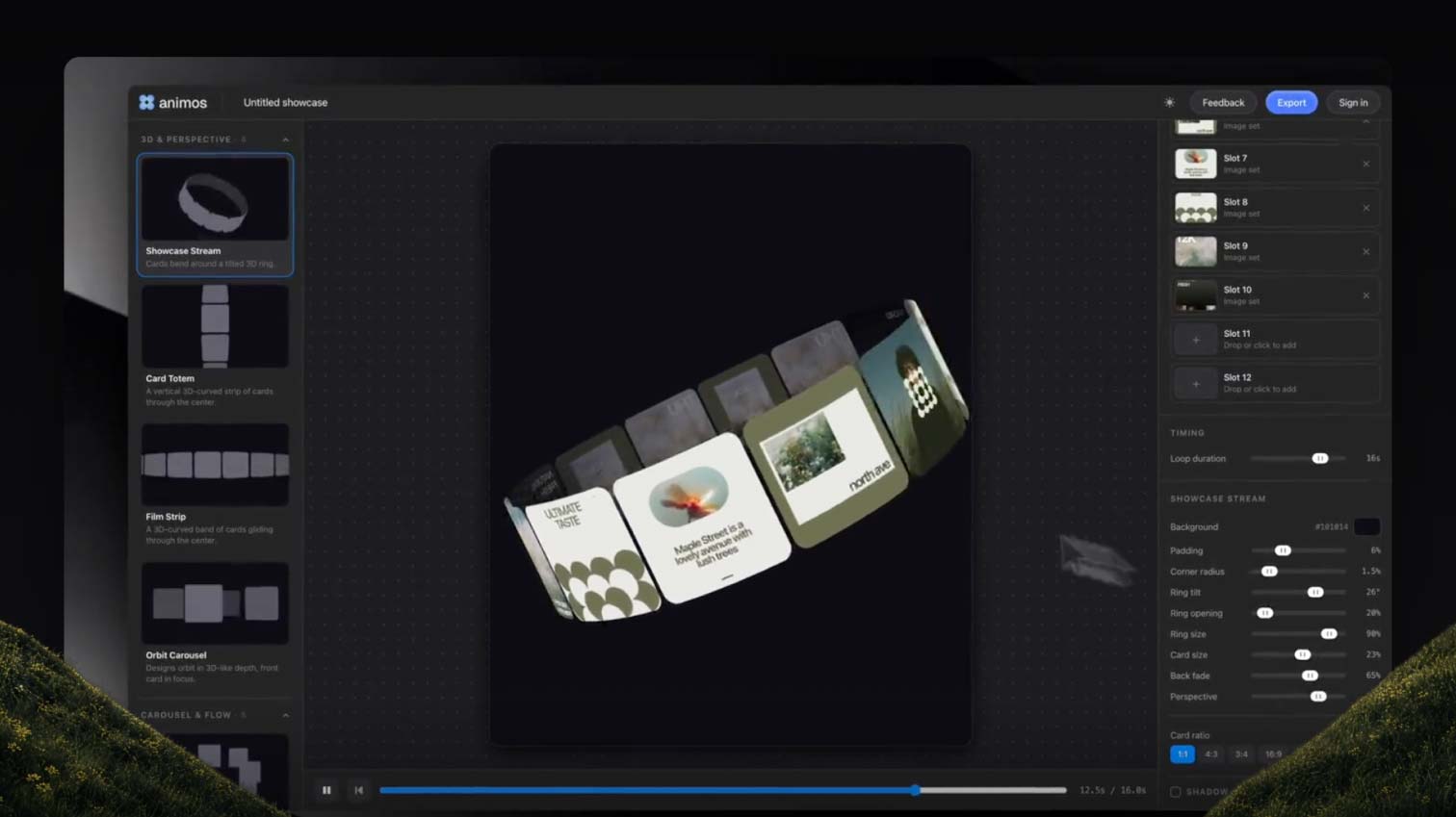 Tool image Animos browser editor animating a design screen with a ready-made motion template
