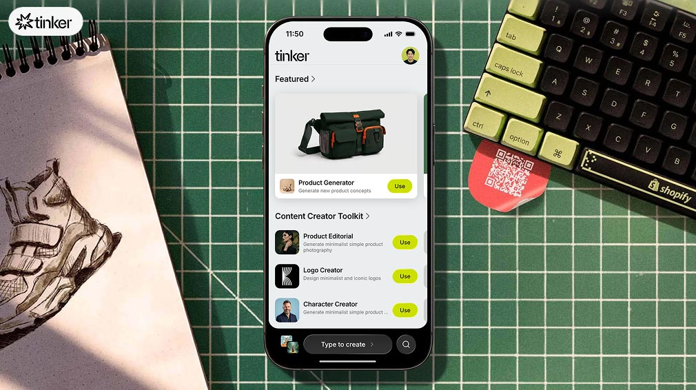 Screenshot of Tinker showing AI-powered creative tools for product photography, morph videos, and social media ads