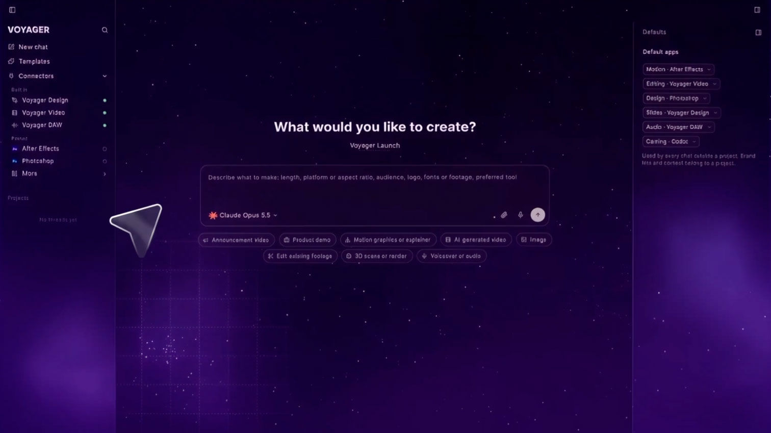 Tool image Voyager start screen asking what you would like to create, with After Effects and Photoshop connectors and default apps for motion, editing, design and audio