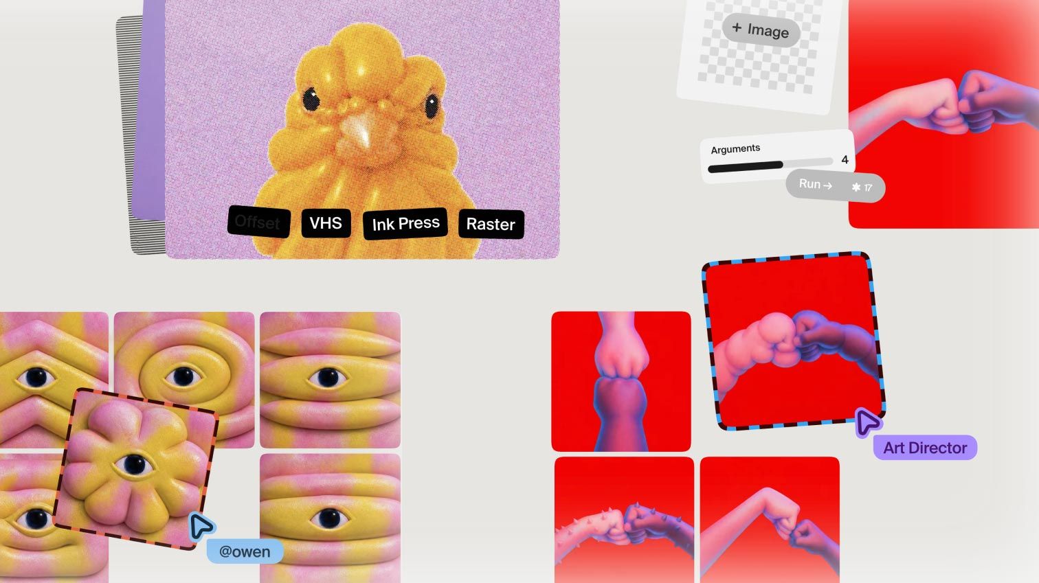 Plnty's spatial canvas with image, video, vector, 3D and audio tools branching from one board, with the Rothko agent panel open