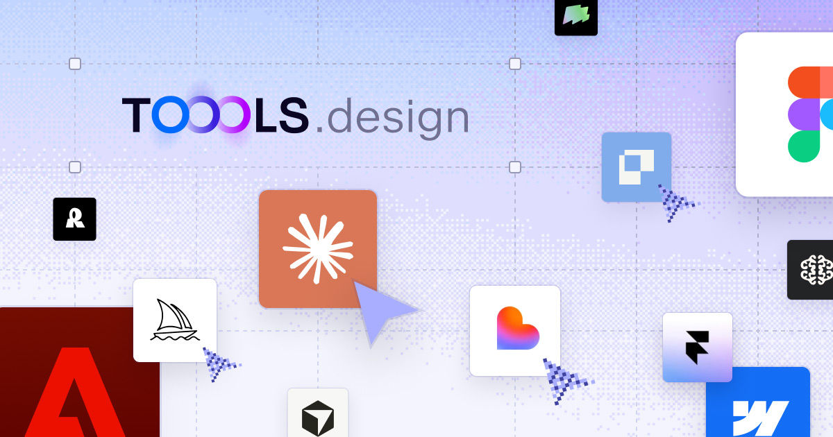 TOOOLS.design 2.0: a dashed golden-section grid with design tool tiles and a cursor on Claude