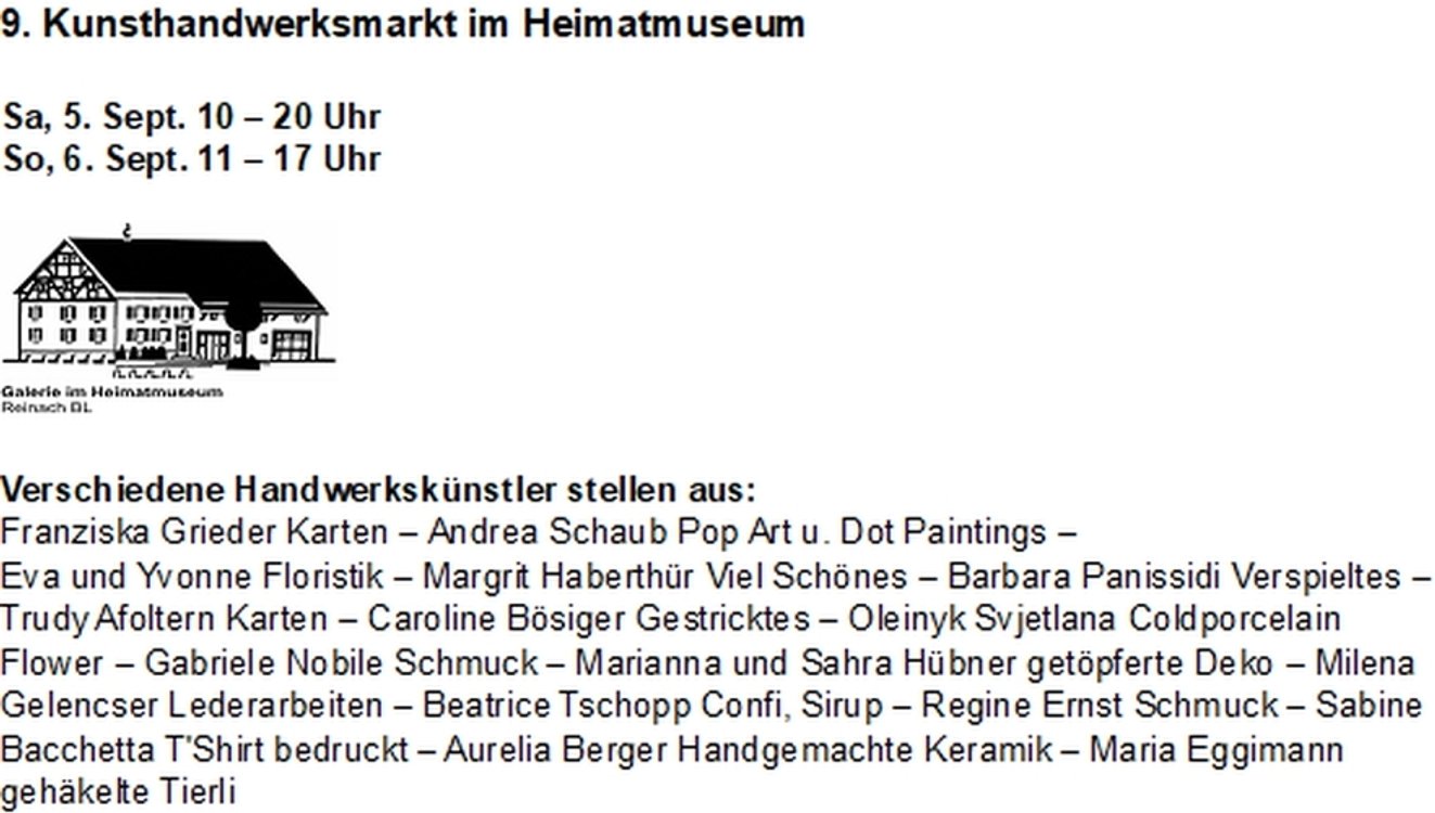 9. KUNSTHANDWERKSMARKT im Heimatmuseum Reinach