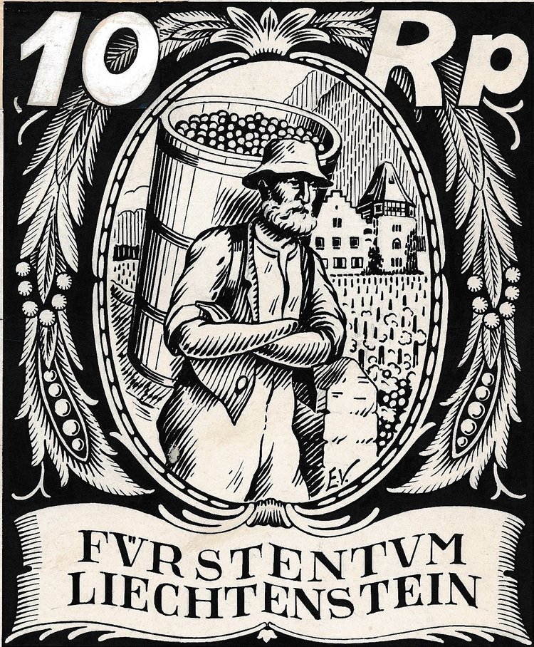 «Winzer am Weinberg» aus der Serie «Winzer und Schloss» Ausgeführter Entwurf, 1924. © Liechtensteinisches LandesMuseum