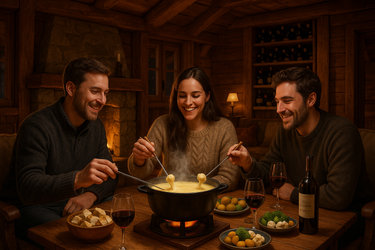 Käsefondue à discrétion im Holzchalet der Vinothek Casa Poli