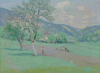 Léo-Paul Robert, Feldszene und blühendem Birnenbaum, Öl auf Leinwand, 1913. Stiftung Sammlung Robert