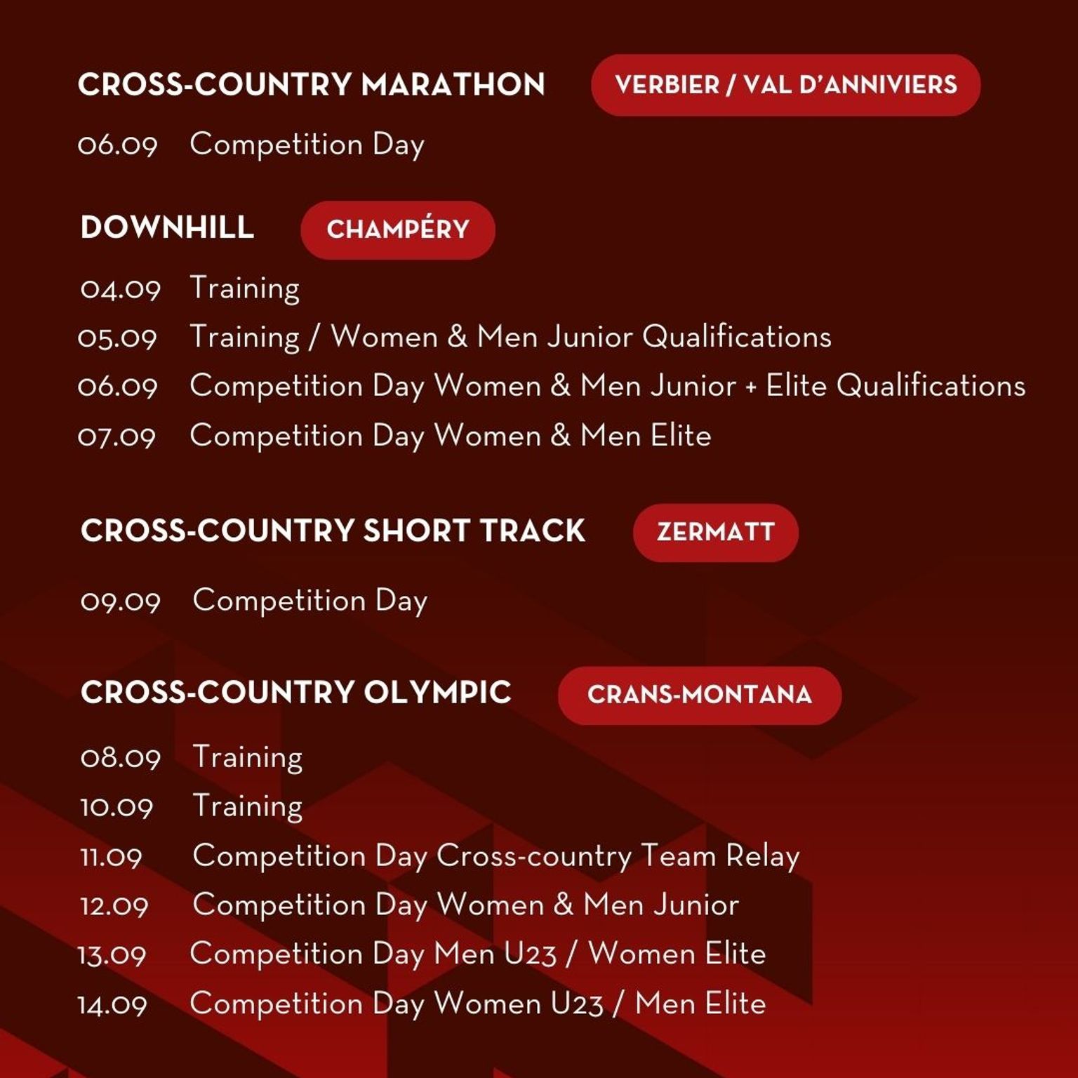 UCI championships - official schedule 2 (Valais2025)