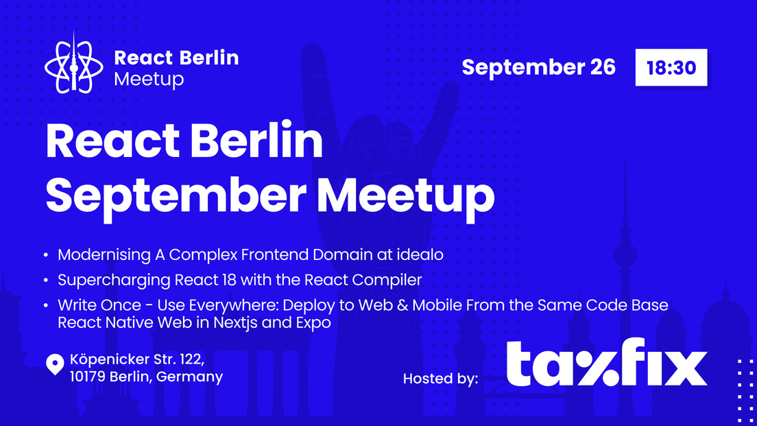 Cover Photo for React Berlin September Meetup: Modernising a Complex Frontend Domain & more