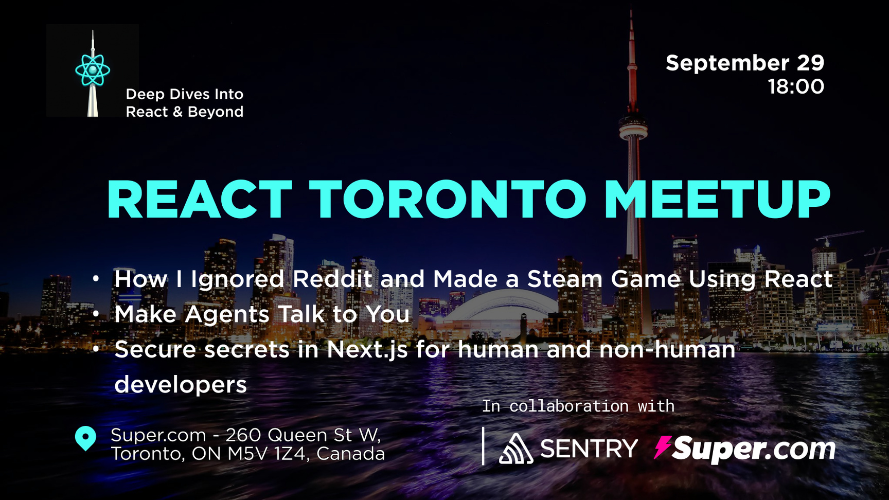 Event Cover Photo for React Toronto Meetup: Agentic React apps, Secrets in Next.js and more!
