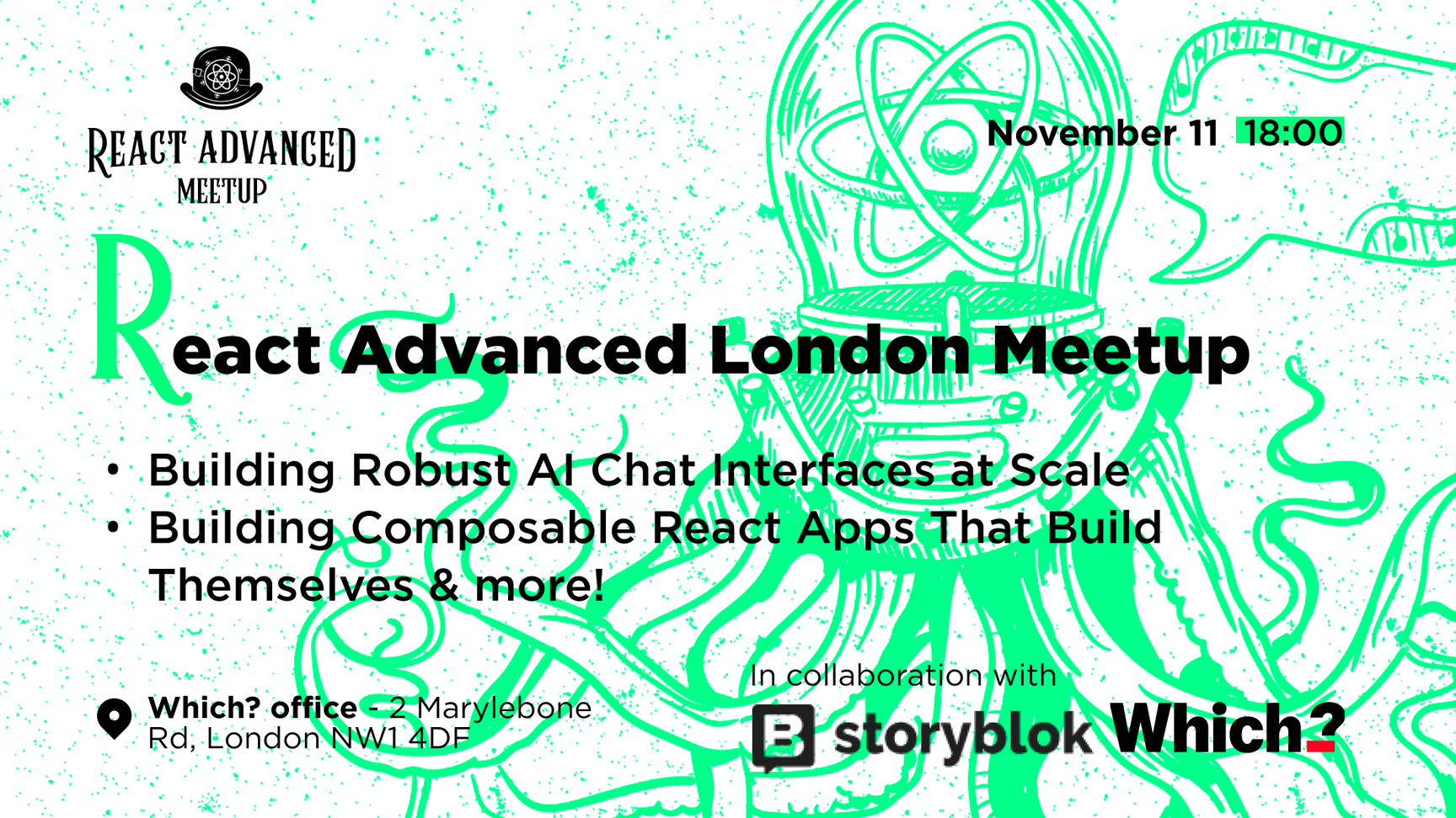 Event Cover Photo for React Advanced London Meetup: Building Robust AI Chat Interfaces & more!