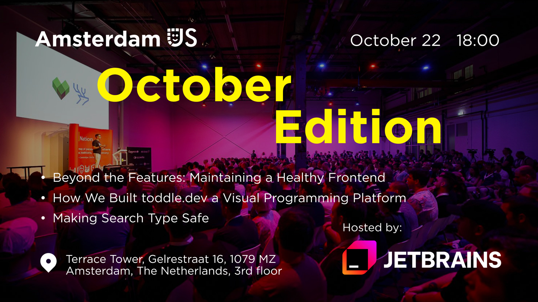 Event Cover Photo for AmsterdamJS Meetup: Why Build a Visual Programming Platform & more