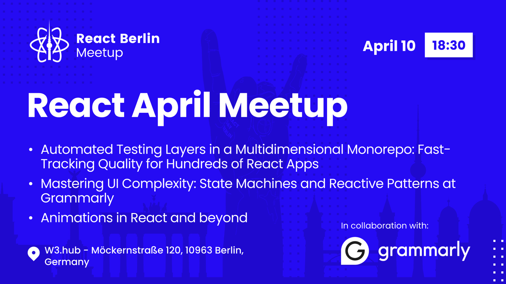 Event Cover Photo for React Berlin April Meetup: Automated Testing Layers & more