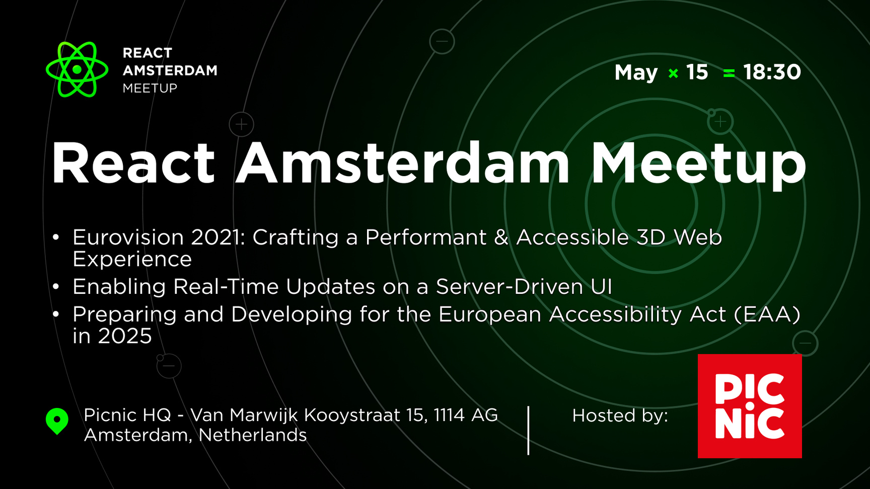 Event Cover Photo for React Amsterdam Meetup: Crafting a Performant & Accessible 3D Web Experience and more!