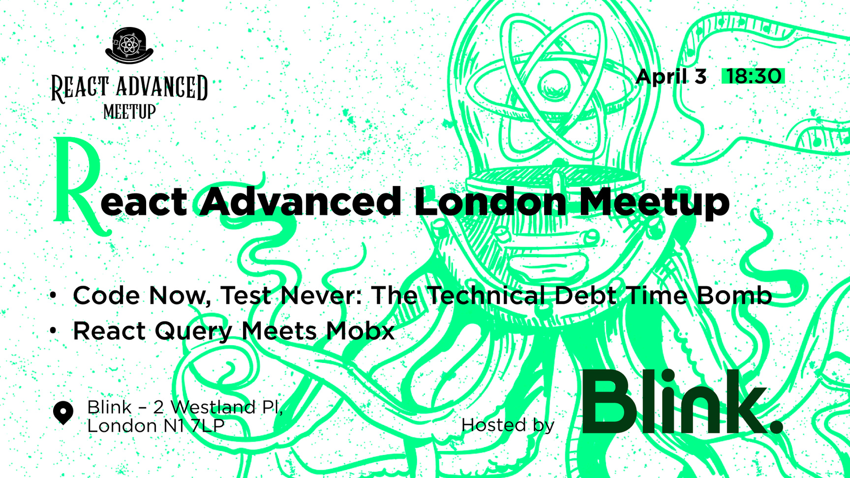 Event Cover Photo for React Advanced London Meetup: The Technical Debt Time Bomb & more!
