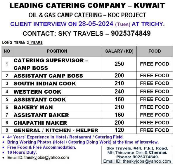 Jobs for Catering Company in Kuwait
