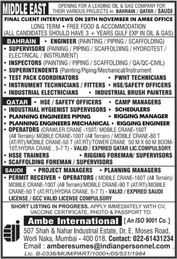 Oil & Gas jobs in Saudi / Qatar / Bahrain