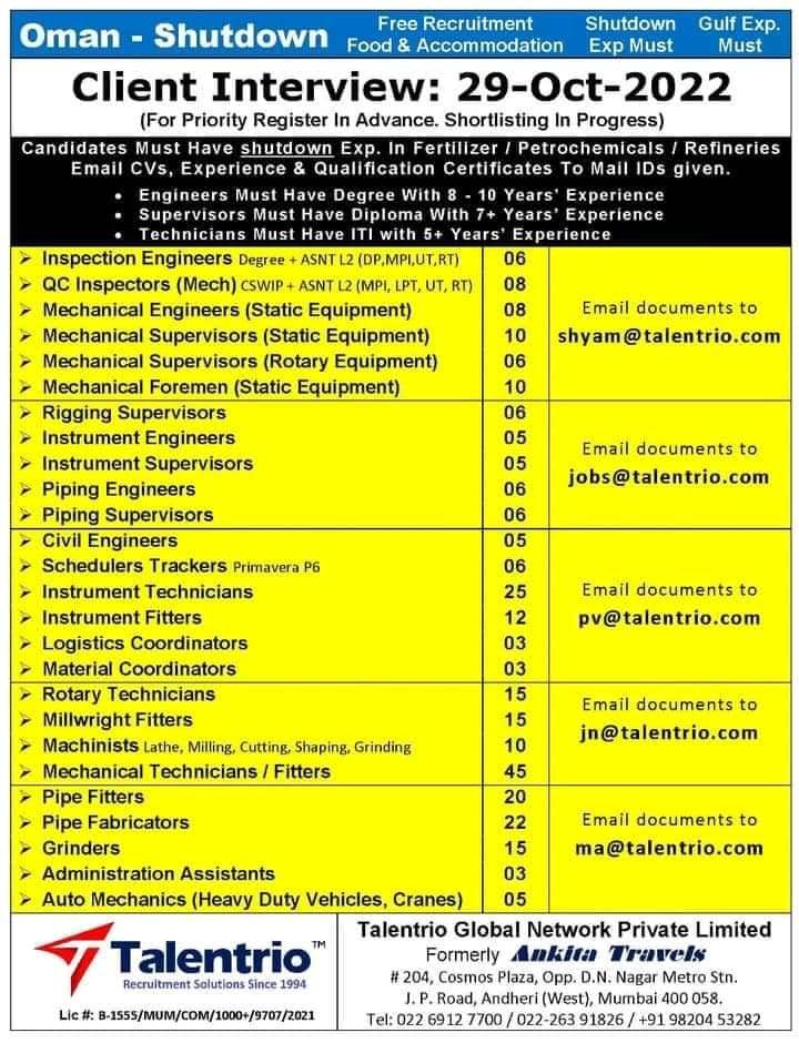 Oman Shutdown Project jobs