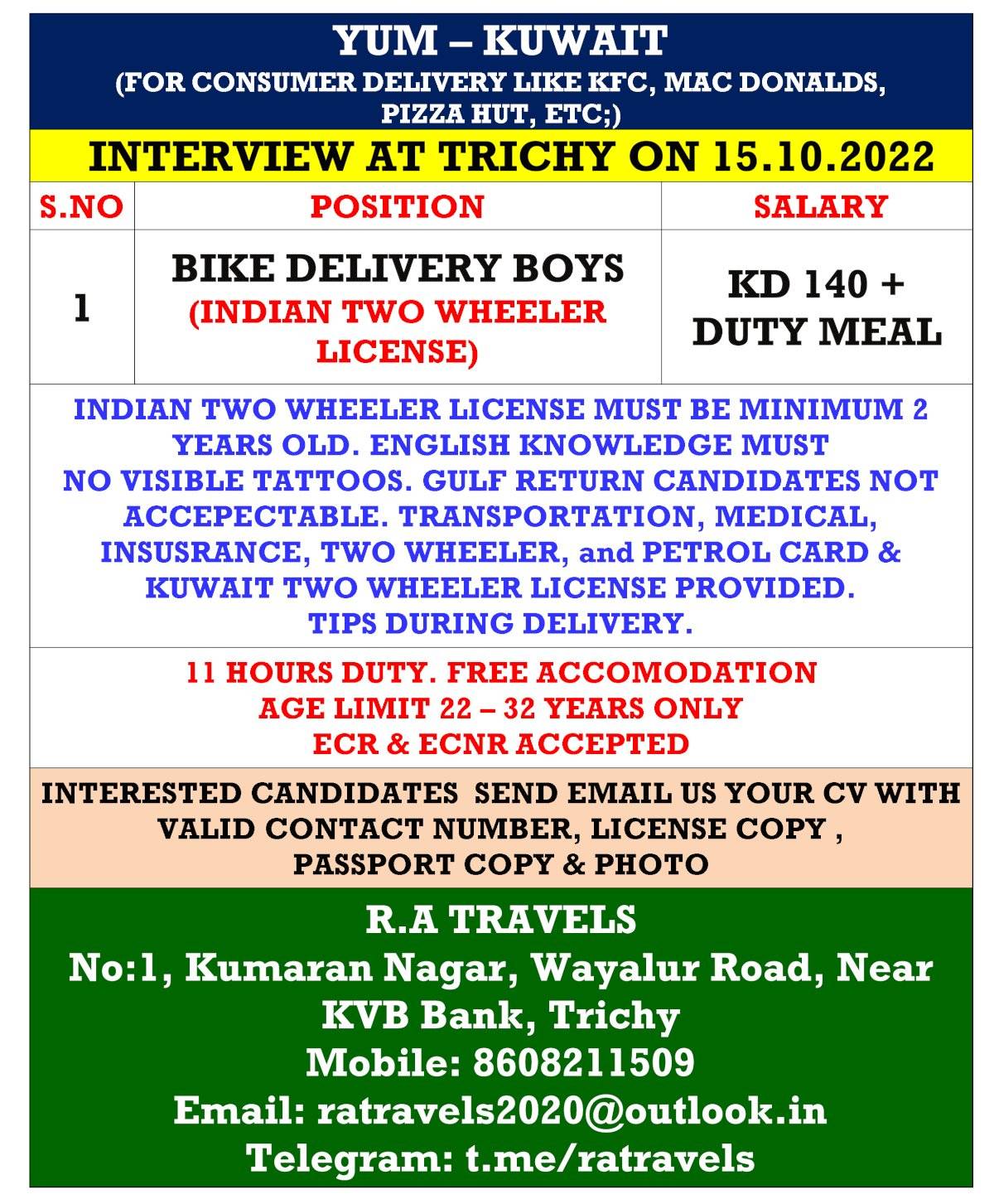 YUM Kuwait Vacancy for food delivery