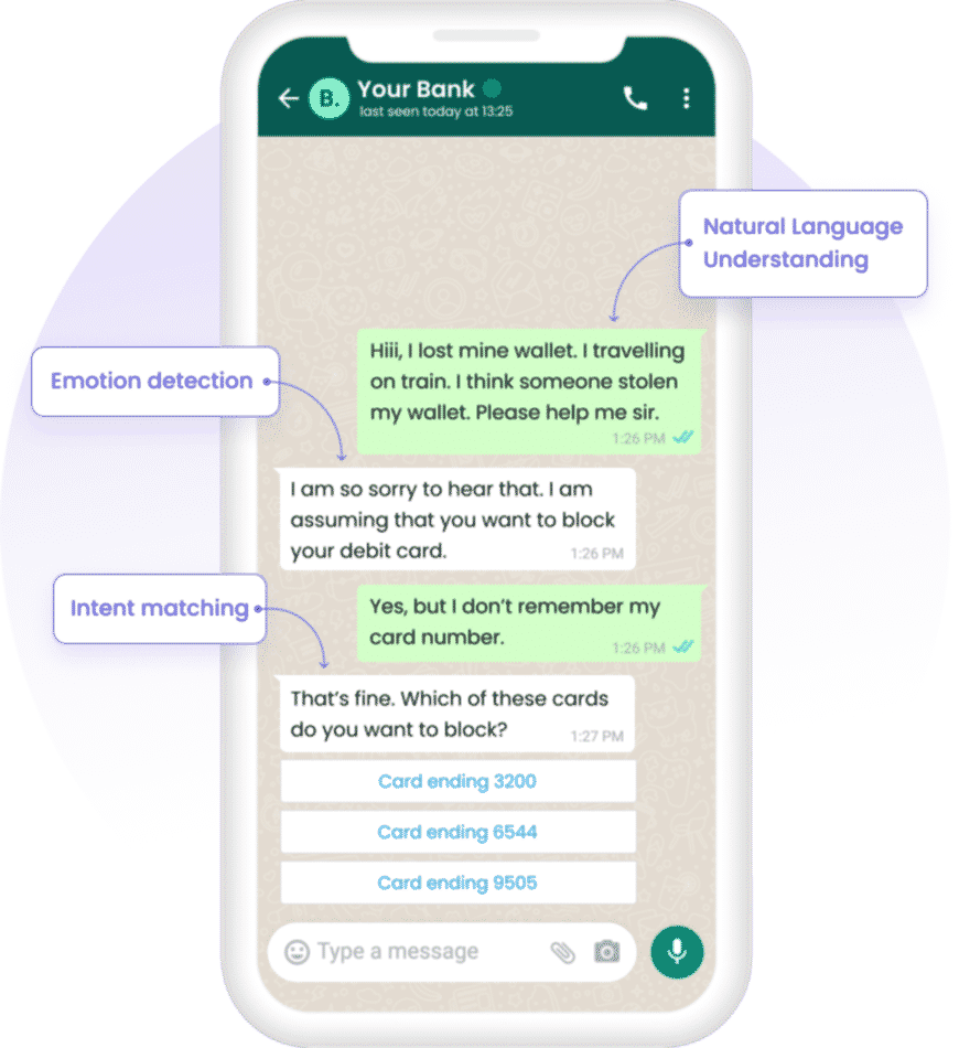 Conversational AI Bot chat with natural language understanding, intent matching and emotion detection