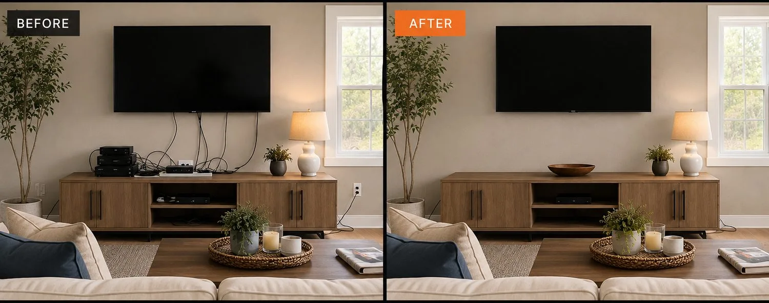Before and after comparison showing television cables, electronic equipment and visual clutter removed through premium real estate photo editing.