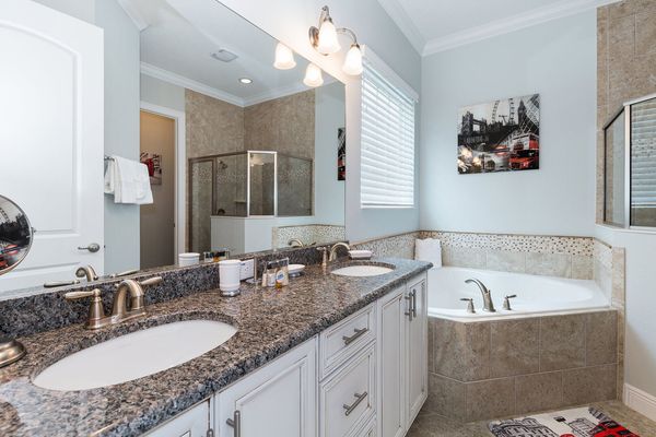 Master bathroom on the ground floor with dual vanity, garden tub, and walk-in shower