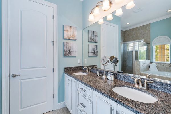 En-suite bathroom with walk in shower, garden tub, and dual vanity