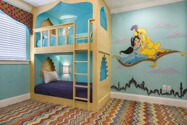Travel to a whole new world in this amazing Aladdin Suite located on the second floor with two twin over twin bunk beds
