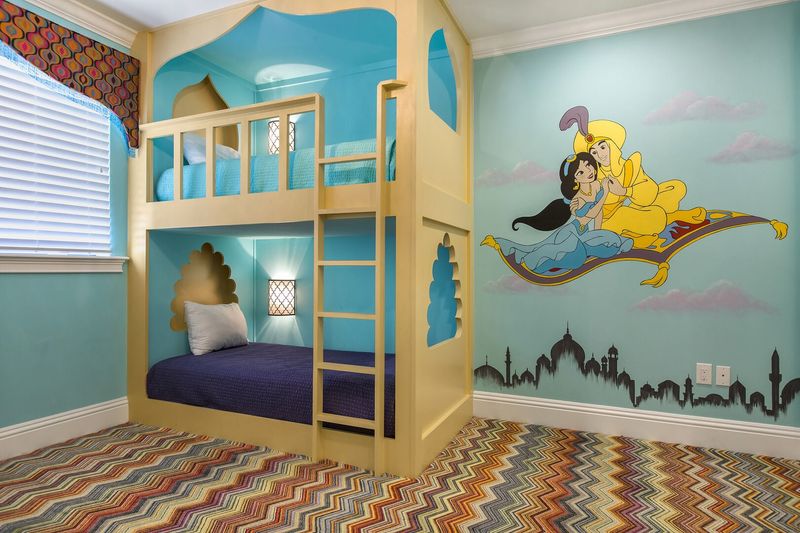 Travel to a whole new world in this amazing Aladdin Suite located on the second floor with two twin over twin bunk beds