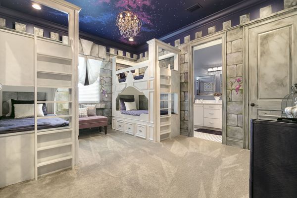 The princess castle themed bedroom features spectacular fiber optic lit ceiling