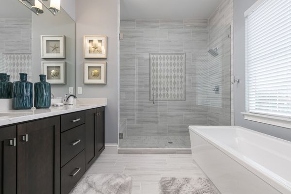 The en-suite bathroom features glass door walk-in shower and garden tub