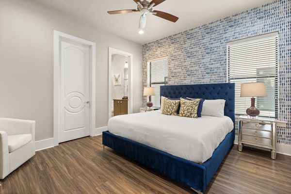 This chic bedroom is perfect for your vacation with a queen bed