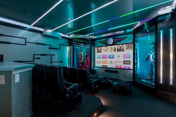 A private home movie theater downstairs has everything you need for a super movie night