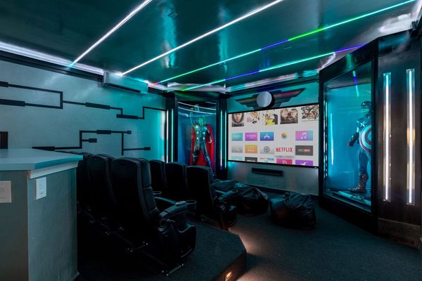 A private home movie theater downstairs has everything you need for a super movie night