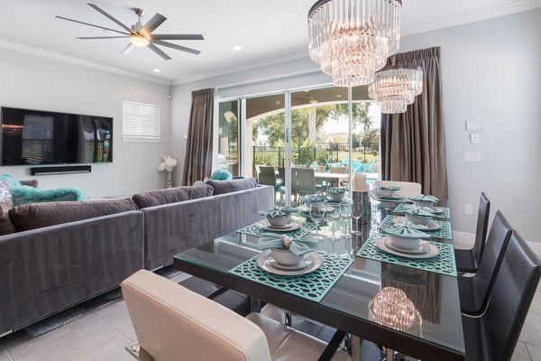 The modern dining room table seats 8