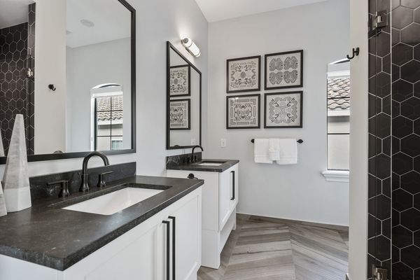 Get ready for the day in this sophisticated bathroom