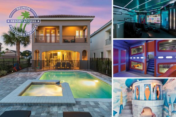 Vacation at the Fun House at Reunion, a 5 bedroom 5 and a half bathroom with a movie room, custom build kids bedrooms, game room, and a West facing private pool | Photos updated: February 2019
