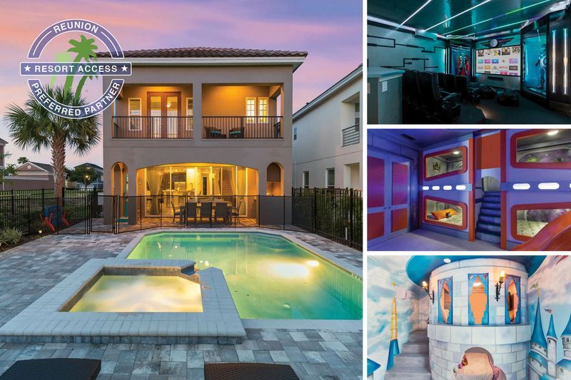 Vacation at the Fun House at Reunion, a 5 bedroom 5 and a half bathroom with a movie room, custom build kids bedrooms, game room, and a West facing private pool