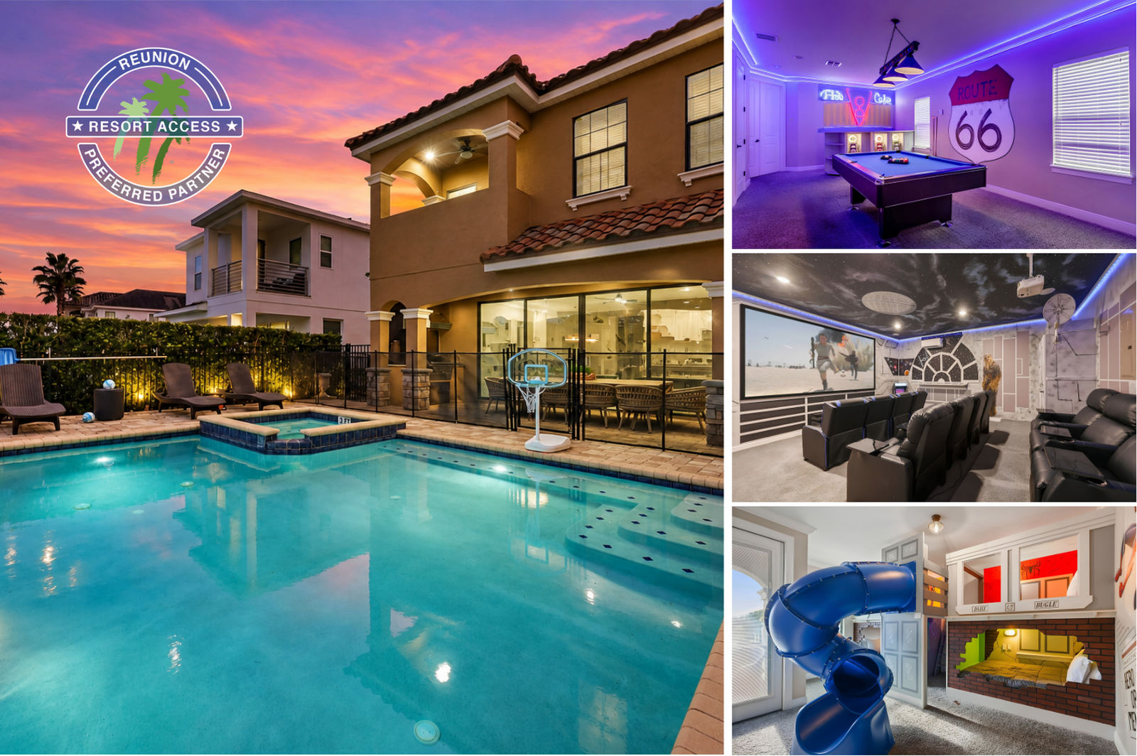 Dive into vacation fun at Be Our Guest Cottage, featuring a private pool, an exciting loft, a home theater, and themed kids' bedrooms.