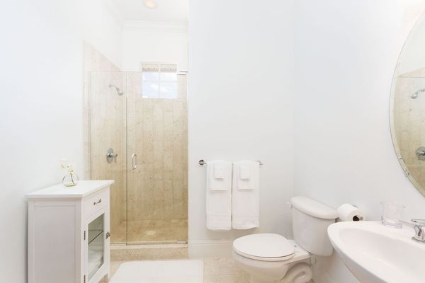 Upstairs bathroom with glass walkin shower