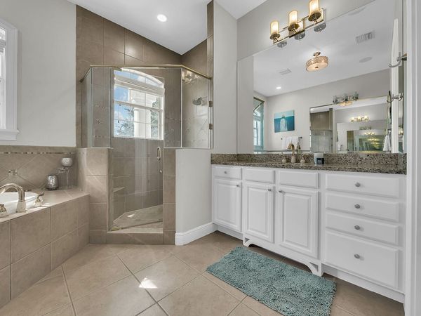 The master bathroom has a large walk-in closet, shower and his and her sinks