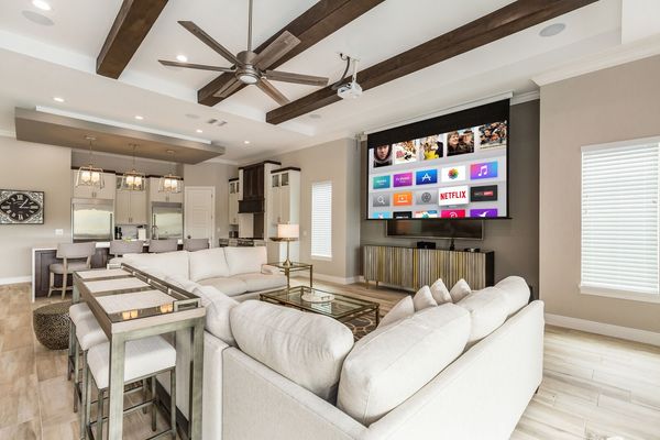 There is a projection screen with a 12-foot auto drop & surround sound for a theater experience