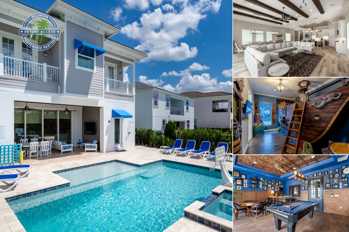 Welcome to Reunion Fantasy, a luxurious 7 bedroom home with sunny West-Facing Pool, Games Room, English Pub Bar, Secret Playroom, & Custom Built Kid's Bedrooms | Photos updated: August 2021