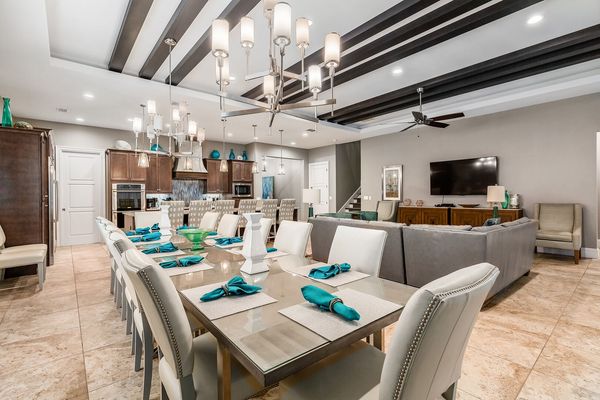 The formal dining table seats up to 12 guests