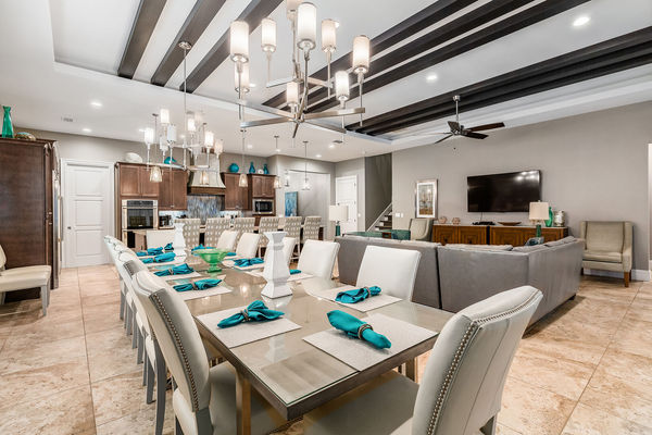 The formal dining table seats up to 12 guests